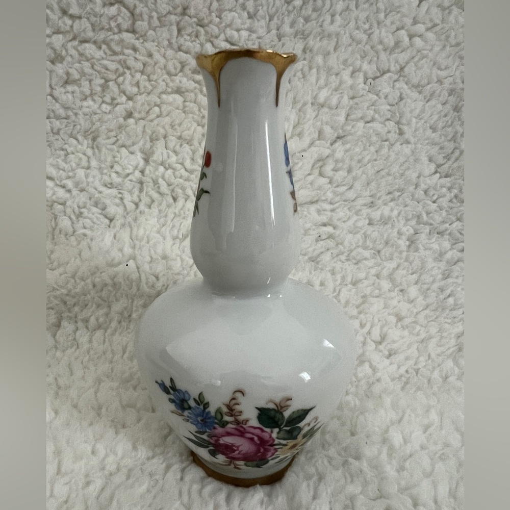 Vintage Mini Porcelain Vase Small Flowers Floral with Gold Trim Pink Blue Yellow